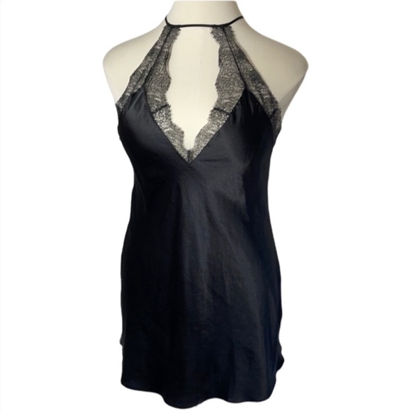 Victoria's Secret Dresses & Skirts - Victoria’s Secret Slip Dress Mini Black Flowy Halter Style Silky Lace Cutout L